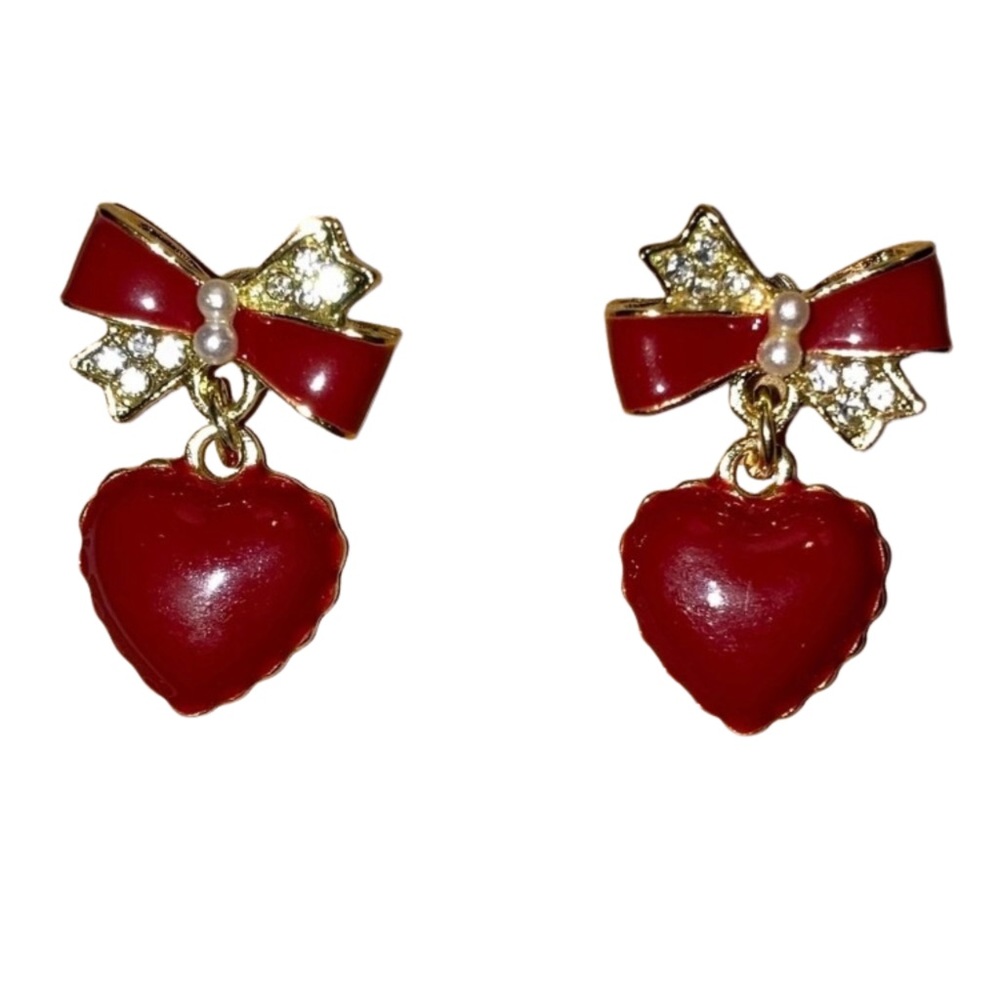 Red Bow Heart Pearl Stud Earrings Whimsy Coquette Kawaii Cocktail Love Jewelry